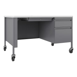 Lorell™ Fortress 48"W Steel Right-Pedestal Mobile Teacher's Computer Desk, White/Platinum