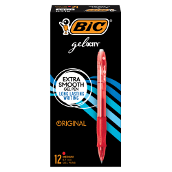 BIC® Gel-ocity Retractable Gel Ink Rollerball Pens, Medium Point, 0.7 mm, Red Barrel, Red Ink, Pack Of 12