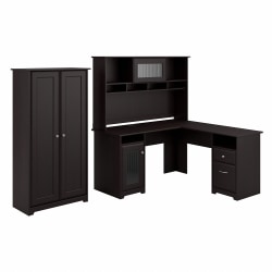 Bush Furniture Cabot 60"W L-Shaped Desk With Hutch And Tall Storage Cabinet With Doors, Espresso Oak, Standard Delivery
