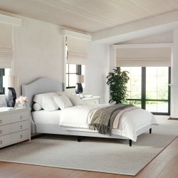Martha Stewart Amelia Upholstered Platform Bed with Curved Headboard and Cushioned Siderails -TW3WDB02BFGY