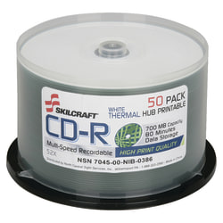 SKILCRAFT® Thermal Printable 52x CD-R Discs, 50-Pack Spindle (AbilityOne 7045-01-626-9521)