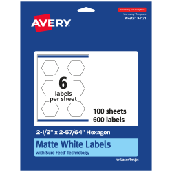 Avery® Permanent Labels With Sure Feed®, 94121-WMP100, Hexagon, 2-1/2" x 2-57/64", White, Pack Of 600