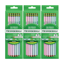 Ticonderoga Presharpened Wooden Pencils, #2/Soft, Assorted Pastel Colors, 18 Pencils Per Pack, Set Of 3 Packs