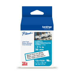 Brother P-touch TZeFX261G, Flexible ID Laminated, ~1-1/2in x 26.2ft (36mm x 8m), Black on White Label Tape