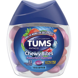 TUMS Chewy Bites Chewable Antacid Tablets, Assorted Berries, Bottle Of 32 Tablets