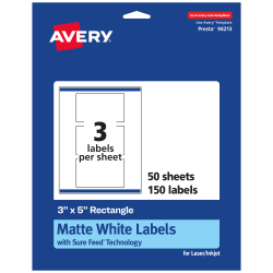 Avery® Permanent Labels With Sure Feed®, 94213-WMP50, Rectangle, 3" x 5", White, Pack Of 150