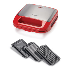 Betty Crocker 3-in-1 Indoor Grill, Sandwich & Waffle Maker Plus, 3-3/4"H x 9-1/4"W x 9"D, Red