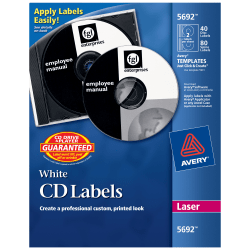 Avery® CD/DVD Print-to-the-Edge Labels, 5692, Round, 4.65" Diameter, White, 40 Disc Labels And 80 Spine Labels