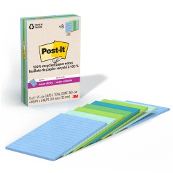 Post-it® Paper Super Sticky Notes, 360 Total Notes, Pack Of 8 Pads, 4" x 6", 100% Recycled, Oasis, 45 Sheets Per Pad