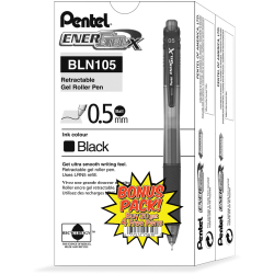 Pentel® EnerGel-X Retractable Gel Pens, Pack Of 24, Fine Point, 0.5 mm, Black Barrel, Black Ink