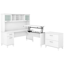 Bush Furniture Somerset 72"W 3-Position Sit-To-Stand L-Shaped Desk With Hutch And File Cabinet, White, Standard Delivery