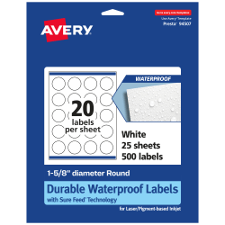Avery® Waterproof Permanent Labels With Sure Feed®, 94507-WMF25, Round, 1-5/8" Diameter, White, Pack Of 500