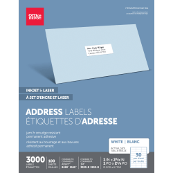Office Depot® Brand Inkjet/Laser Address Labels, Rectangle, 1" x 2 5/8", White, Pack Of 3,000