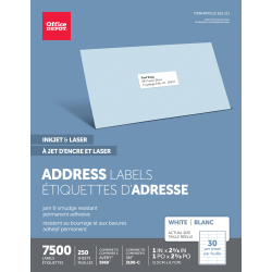 Office Depot® Brand Inkjet/Laser Address Labels, Rectangle, 1" x 2 5/8", White, Pack Of 7,500