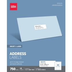 Office Depot® Brand Inkjet/Laser Address Labels, Rectangle, 1" x 2 5/8", White, Pack Of 750