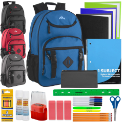 Trailmaker Double Buckle Backpacks With 30-Piece School Supply Kits, Black/Blue/Gray/Red, Total Qty 12