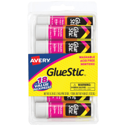 Avery® Permanent Glue Stic Value Pack, White, 0.26 oz., Pack Of 18 Sticks