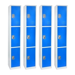 Alpine Large 3-Tier Steel Lockers, 72"H x 12"W x 12"D, Blue, Pack Of 4 Lockers