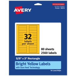 Avery® Printable Labels With Sure Feed® Technology, 94214-BYP80, Rectangle, 5/8" x 3", Matte Bright Yellow, Pack of 2560