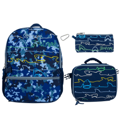 Accessory Innovations Shark Zone 3-Piece Backpack Set With 16" Backpack, Lunch Box, Carabiner And Pencil Case, Blue