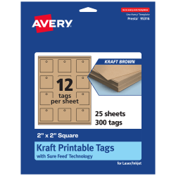 Avery® Printable Tags With Sure Feed® Technology, Print-To-The-Edge, 2"x2", Kraft Brown, Pack Of 300