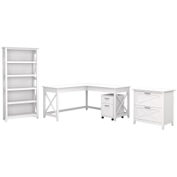Bush Business Furniture Key West 60"W L-Shaped Corner Desk With File Cabinets And 5-Shelf Bookcase, Pure White Oak, Standard Delivery