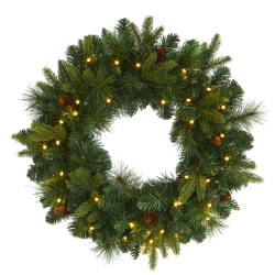 Nearly Natural 24"H Mixed Pine Artificial Christmas Wreath With 35 LED Lights And Pine Cones, 24" x 4", Green