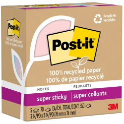 Post-it 100% Recycled Paper Super Sticky Notes, 350 Total Notes, Pack Of 5 Pads, 3" x 3", Wanderlust Pastels, 70 Notes Per Pad