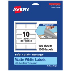 Avery® Print-To-The-Edge TrueBlock® Labels With Sure Feed®, 94205-TWMP100, Rectangle, 1-1/2" x 3-3/4", Matte White, Pack Of 1000