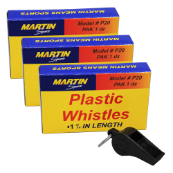 Martin Sports Plastic Whistles, Black, 12 Whistles Per Pack, Set Of 3 Packs