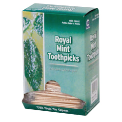 Royal® Mint Cello-Wrapped Round Wood Toothpicks, 2 1/2", Natural, 1,000 Toothpicks Per Box, Carton Of 15 Boxes