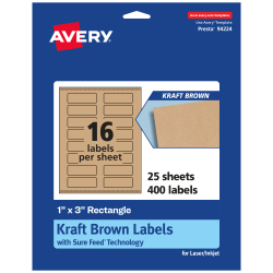 Avery® Kraft Permanent Labels With Sure Feed®, 94224-KMP25, Rectangle, 1" x 3", Brown, Pack Of 400