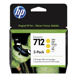 HP 712 DesignJet Yellow Ink Cartridges, Pack Of 3, 3ED69A