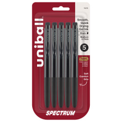 uni-ball® Spectrum Retractable Gel Pens, Medium Point, 0.7 mm, Black Barrel, Black Ink, Pack Of 5 pens