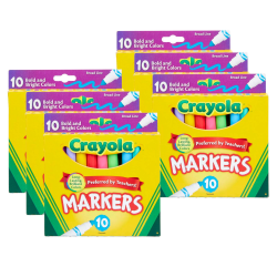 Crayola Broad Line Markers, Pack Of 6 Boxes, Broad Tips, Bold & Bright Colors, 10 Markers Per Box