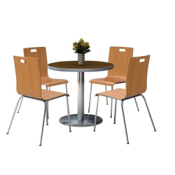 KFI Studios Jive Round Pedestal Table With 4 Stacking Chairs, 29"H x 36"W x 36"D, Natural/Walnut