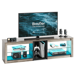 Bestier 63" Gaming TV Stand For 70" TV With Glass Shelves, 20-9/16"H x 63"W x 13-13/16"D, Gray Wash