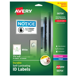 Avery® Easy Align® Self-Laminating ID Labels, AVE00754, 5" x 7 1/2", White, Pack of 25