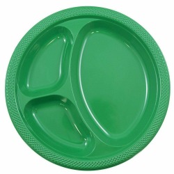 JAM PAPER Plastic 3 Compartment Divided Plates, Large, 10 1/4 inch, Green, 20/Pack