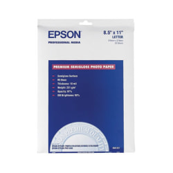 Epson® Photo Paper, Semi-gloss, Letter Size (8 1/2" x 11"), 68 Lb, White, 20 Sheets
