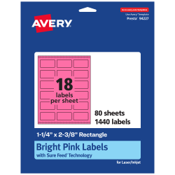 Avery® Print-To-The-Edge Labels With Sure Feed® Technology And Easy Peel®, 94227-BPP80, Rectangle, 1-1/4" x 2-3/8", Matte Bright Pink, Pack of 1440