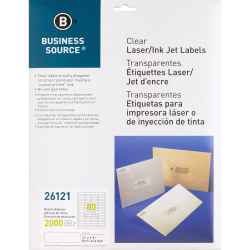 Business Source Clear Return Address Laser Labels - 1/2"x1 3/4"- Permanent Adhesive - Rectangle - Laser - Clear - 80/Sheet - Self-adhesive - 2000/Pack
