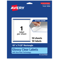 Avery® Glossy Permanent Labels With Sure Feed®, 94264-CGF50, Rectangle, 10" x 7-1/2", Clear, Pack Of 50
