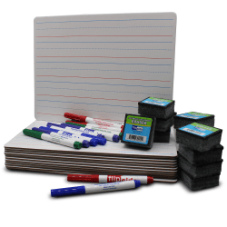 Flipside Products Magnetic 2-Sided Dry-Erase Boards With Erasers And Colored Pens, 9" x 12", Red & Blue Ruled/Plain, Class Pack Of 12 Boards