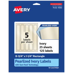 Avery® Pearlized Permanent Labels With Sure Feed®, 94262-PIP25, Rectangle, 9-3/4" x 1-1/4", Ivory, Pack Of 125 Labels