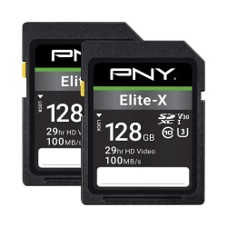 PNY® Elite-X Class 10 U3 V30 100 Mbps SDXC Flash Memory Cards, 128GB, Pack Of 2 Memory Cards