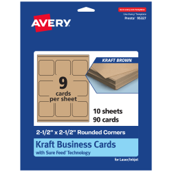 Avery® Printable Rounded Corner Business Cards With Sure Feed® Technology, Print-To-The-Edge, 2.5"x2.5", Kraft Brown, Pack Of 90
