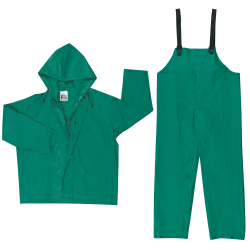 Two-Piece Rain Suit, Jacket w/Hood, Bib Pants, 0.42 mm PVC/Poly, Green, X-Large
