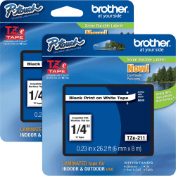 Brother® P-touch TZe Laminated Tape Cartridges, 1/4"W x 26'L , Rectangle, White, 2 Per Bundle