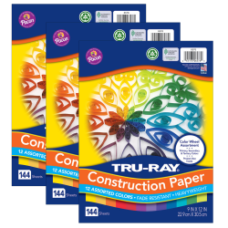 Pacon® Tru-Ray Color Wheel Paper Assortment, 9" x 12", Assorted Colors, 144 Sheets Per Pack, Set Of 3 Packs